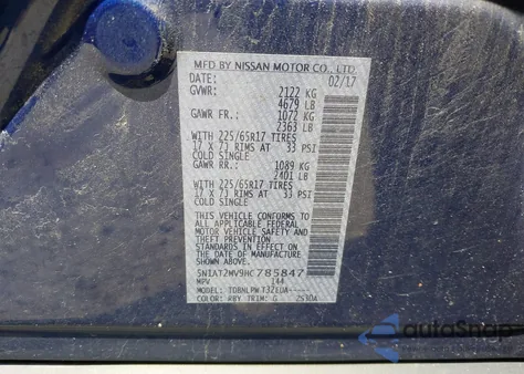 2017 Nissan Rogue S z USA, uszkodzony, nr VIN 5N1AT2MV9HC785847